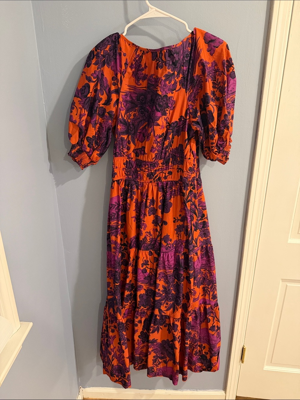 Anthropologie The Somerset Vibrant Orange & Purple Floral Puff-Sleeve Midi Dress - Picture 2 of 2
